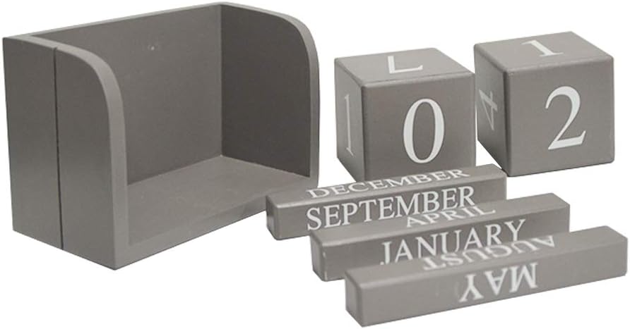 Calendario Perpetuo in Legno Grigio – 6 Pezzi, Stile Rustico, 16x8x10,5 cm, Decorazione per Ufficio, Casa e Cucina