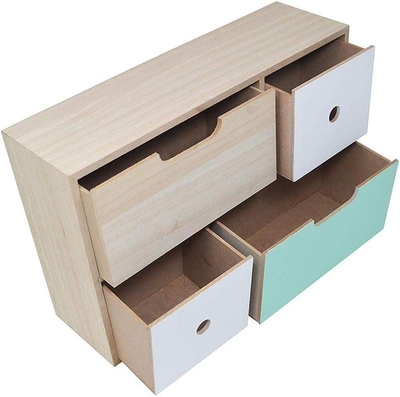 Mini Comò in Legno Bianco Naturale e Menta – 4 Cassetti, 40,5x26,5x11,5 cm – Mobiletto Salvaspazio Decorativo