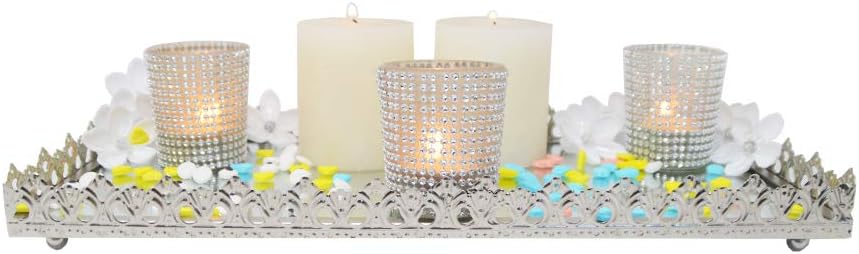 Vassoio Rettangolare Decorativo in Metallo e Vetro Specchio, 15x37x4,5 cm, Argento Elegante – Ideale per Casa, Tavolo o Bagno