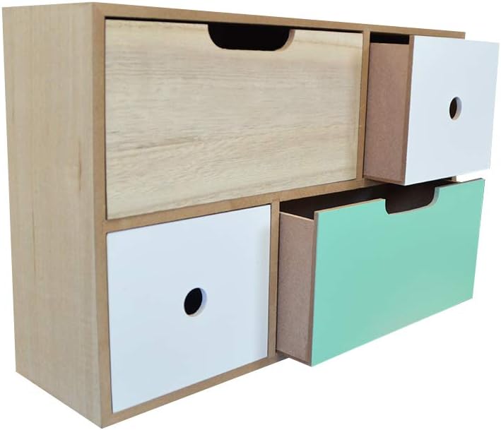 Mini Comò in Legno Bianco Naturale e Menta – 4 Cassetti, 40,5x26,5x11,5 cm – Mobiletto Salvaspazio Decorativo