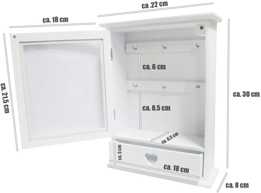 Armadietto Portachiavi in Legno con Cuore Colore Bianco/Naturale con 6 Ganci