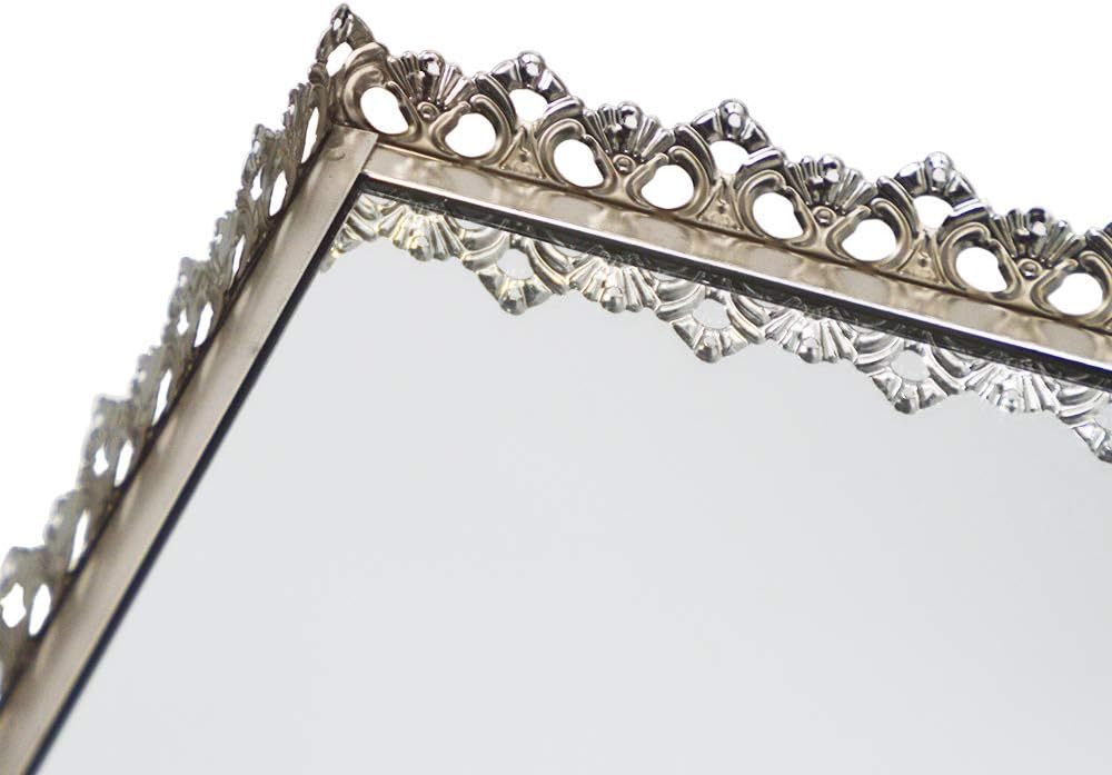 Vassoio Rettangolare Decorativo in Metallo e Vetro Specchio, 15x37x4,5 cm, Argento Elegante – Ideale per Casa, Tavolo o Bagno