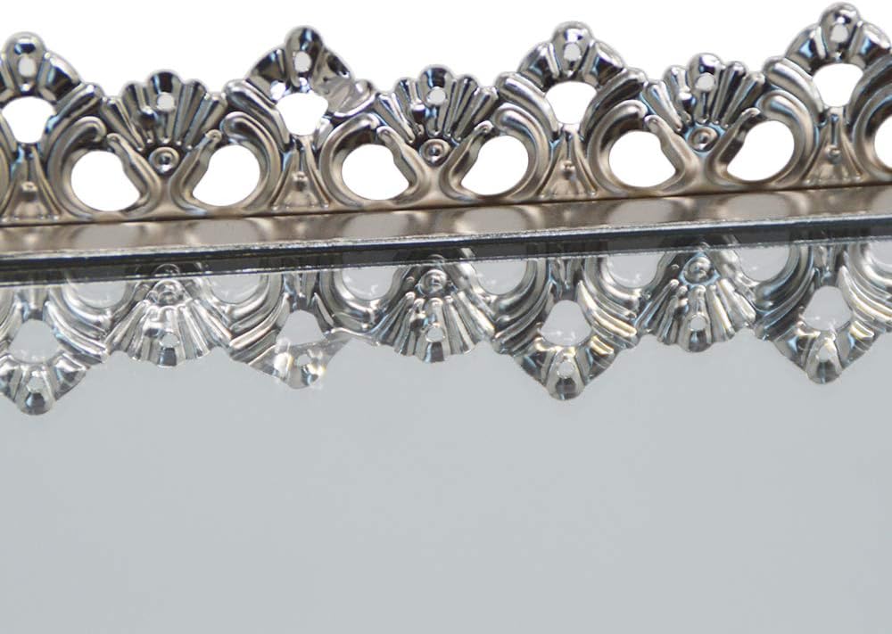 Vassoio Rettangolare Decorativo in Metallo e Vetro Specchio, 15x37x4,5 cm, Argento Elegante – Ideale per Casa, Tavolo o Bagno