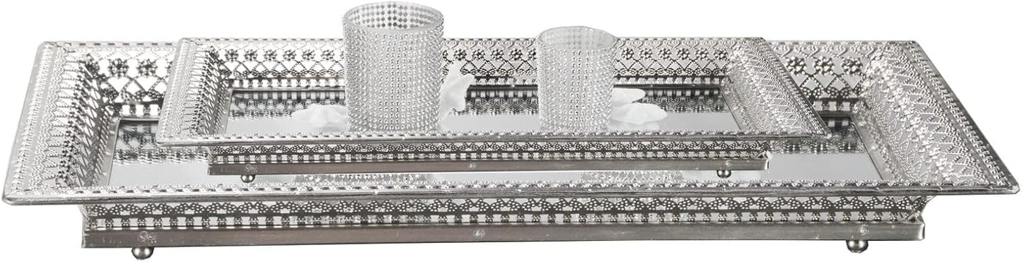 2 Set Vassoi Decorativi in Metallo Argento con Specchio – Elegante Organizer per Candele, Cosmetici e Tavolini da Caffè – Stile Romantico