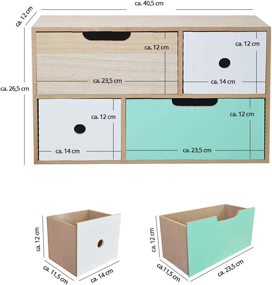 Mini Comò in Legno Bianco Naturale e Menta – 4 Cassetti, 40,5x26,5x11,5 cm – Mobiletto Salvaspazio Decorativo