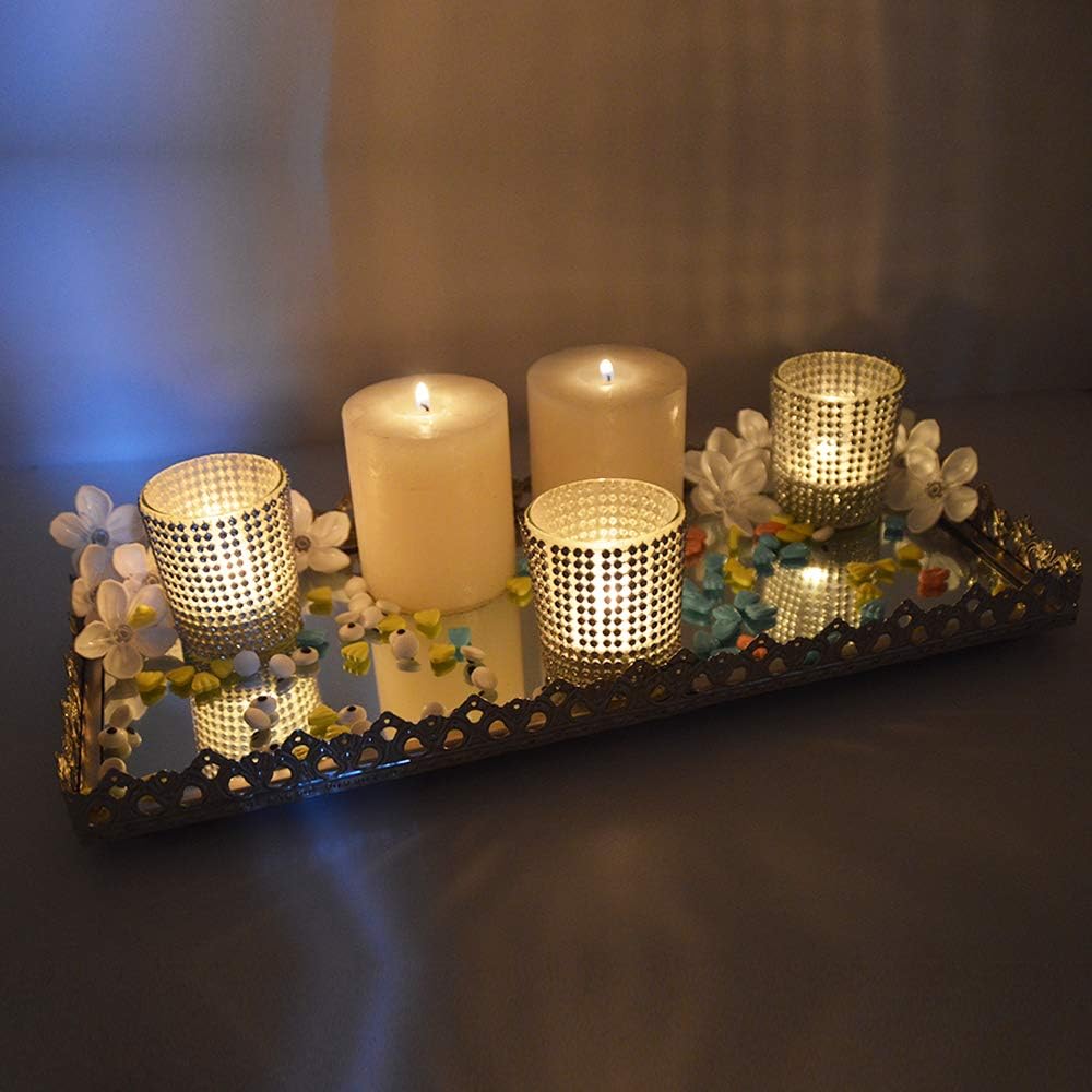 Vassoio Rettangolare Decorativo in Metallo e Vetro Specchio, 15x37x4,5 cm, Argento Elegante – Ideale per Casa, Tavolo o Bagno