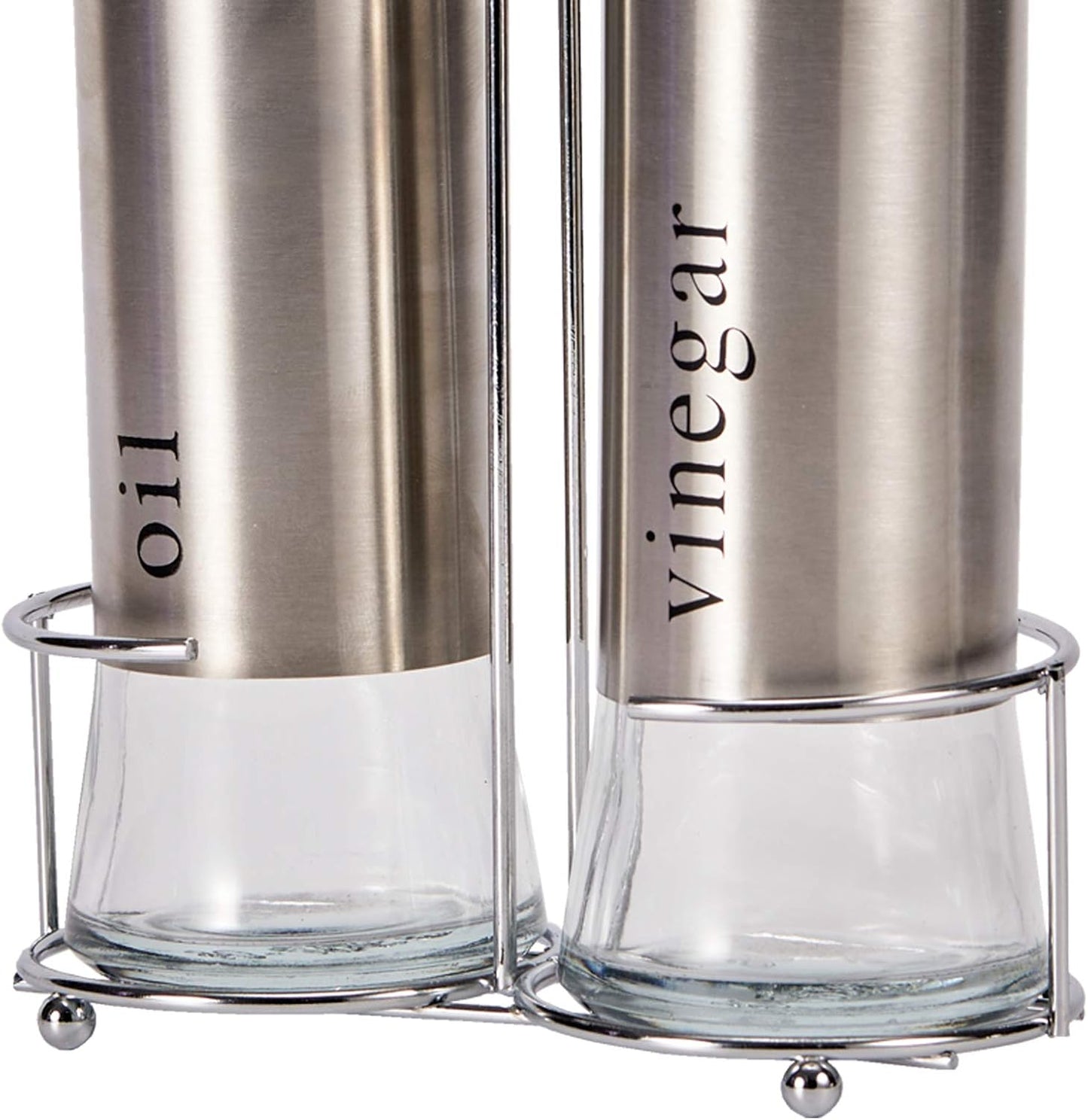Set Olio e Aceto da Tavola 2 Pezzi con Supporto in Metallo e Bottiglie in Vetro – Elegante Accessorio per Cucina e Sala da Pranzo