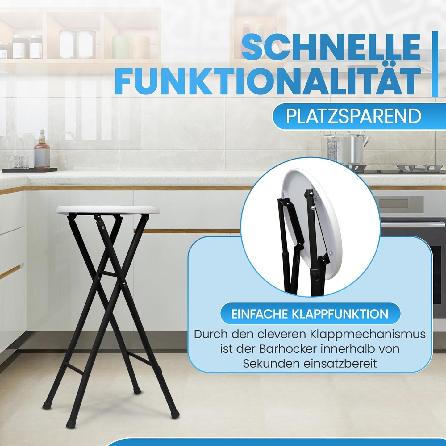 Sgabello da Bar Pieghevole 70 cm in Metallo e Plastica, Portata 100 kg, Design Elegante Nero/Bianco per Cucina, Bar ed Eventi