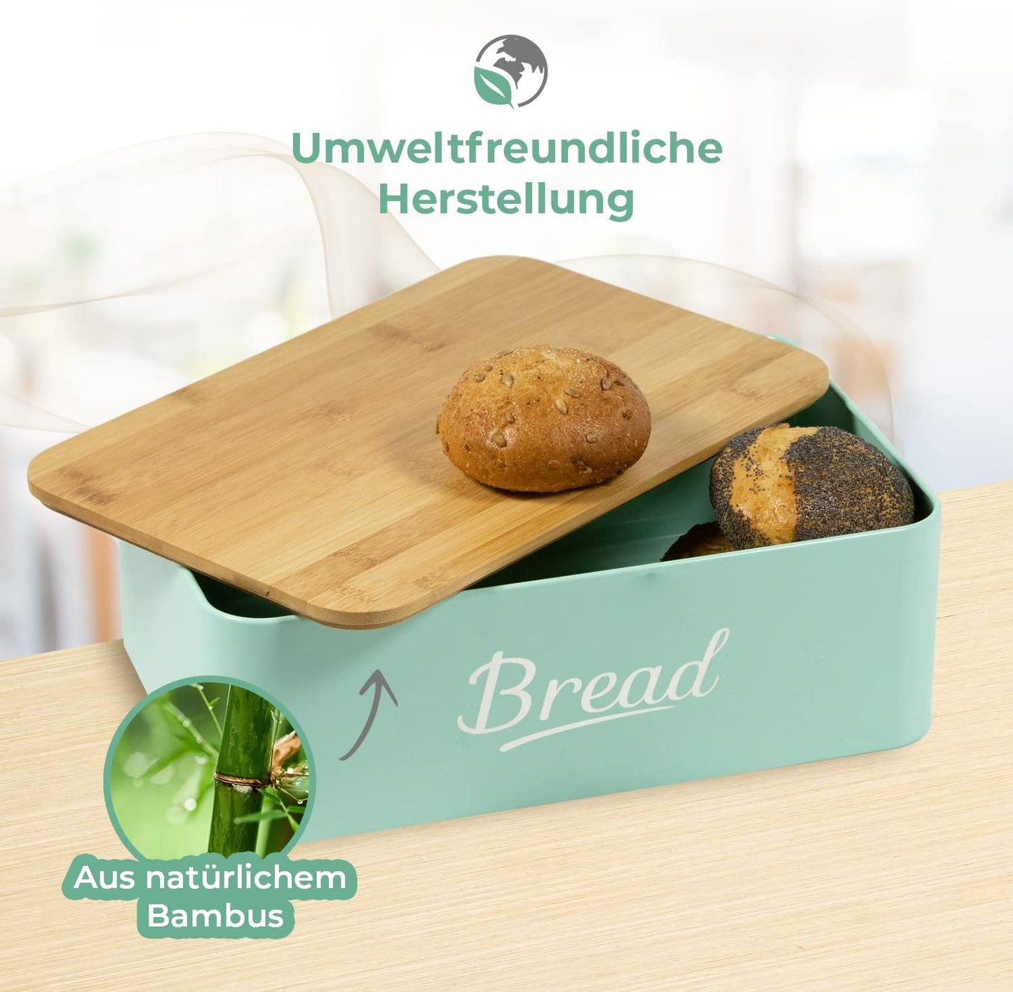 Portapane in Metallo con Coperchio in Bambù Contenitore per Pane DRULINE – Metallo Verniciato con Tagliere in Bambù, Stile Moderno