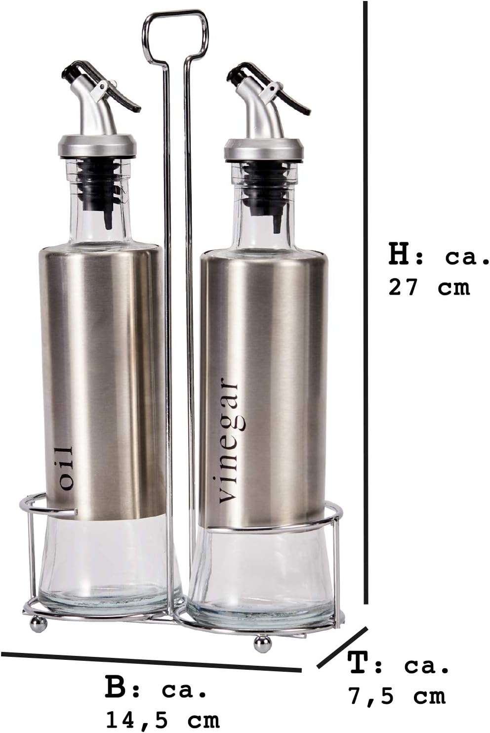 Set Olio e Aceto da Tavola 2 Pezzi con Supporto in Metallo e Bottiglie in Vetro – Elegante Accessorio per Cucina e Sala da Pranzo