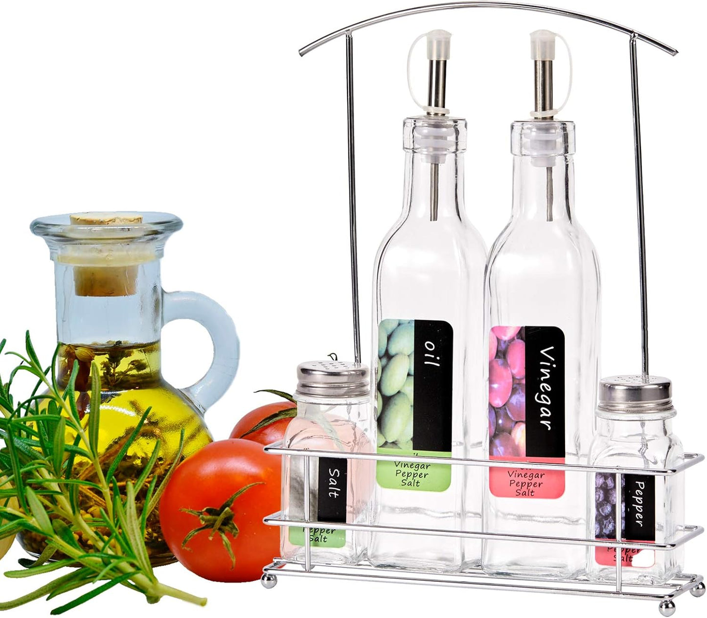 Set Menage 4 Pezzic Oliera, Acetiera, Sale e Pepe - Dispenser da Cucina Elegante per Olio e Aceto