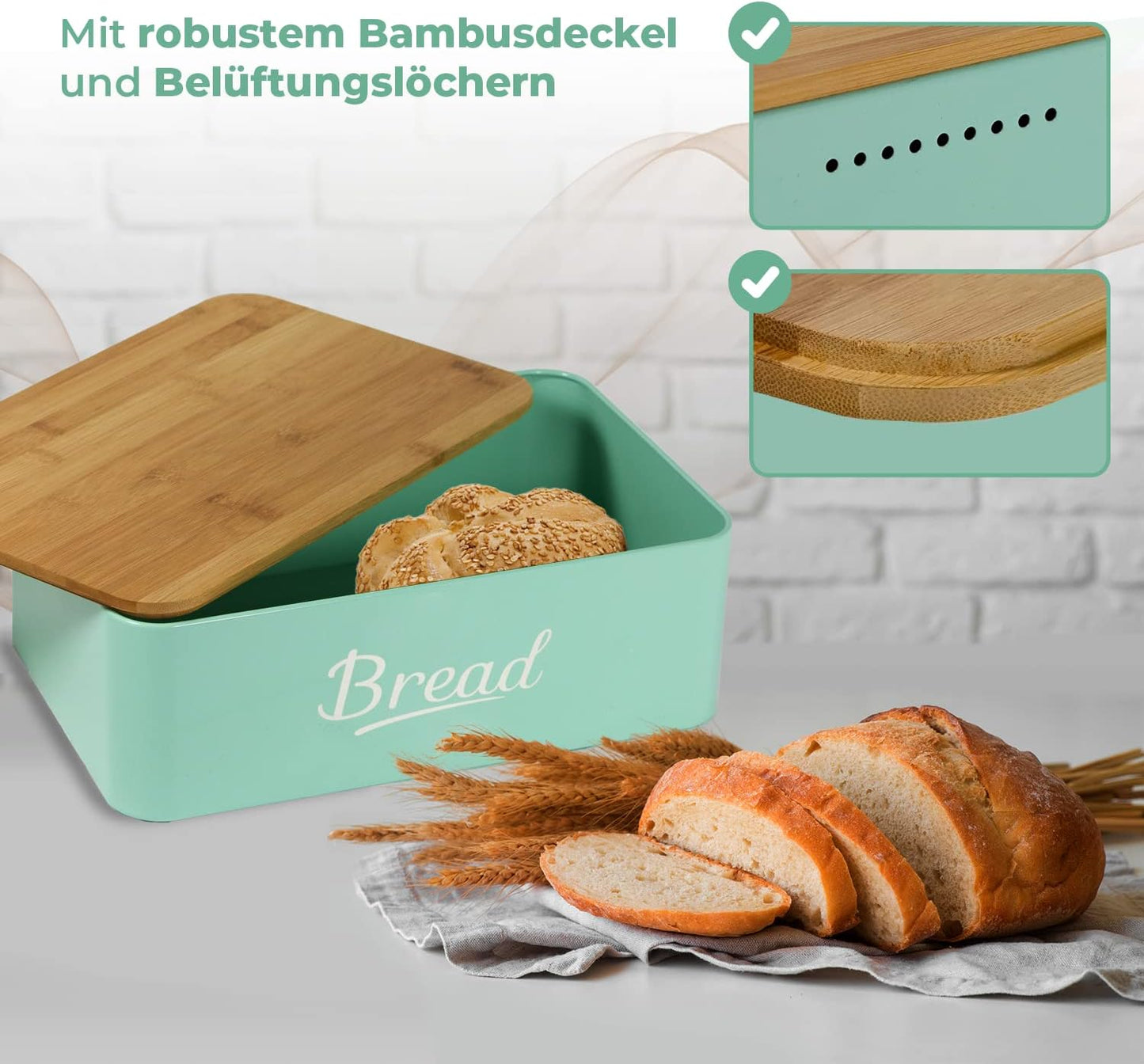 Portapane in Metallo con Coperchio in Bambù Contenitore per Pane DRULINE – Metallo Verniciato con Tagliere in Bambù, Stile Moderno