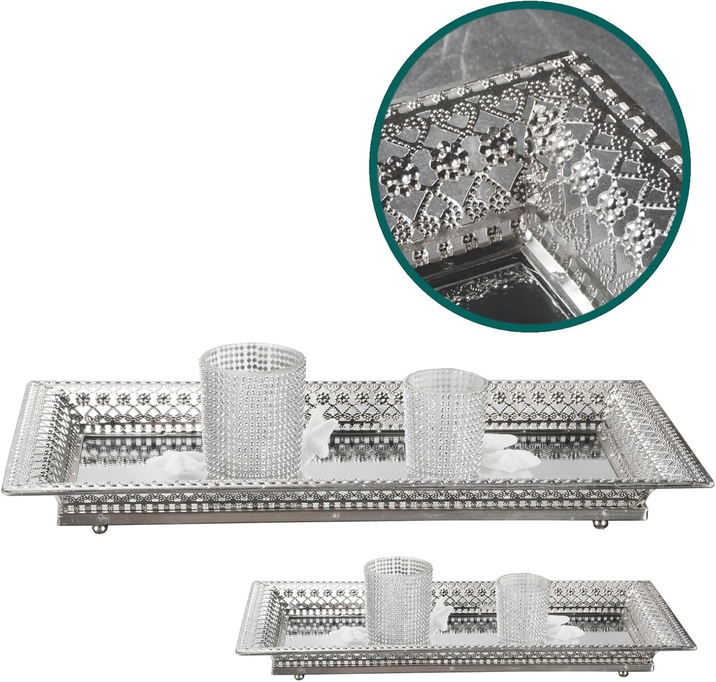 2 Set Vassoi Decorativi in Metallo Argento con Specchio – Elegante Organizer per Candele, Cosmetici e Tavolini da Caffè – Stile Romantico