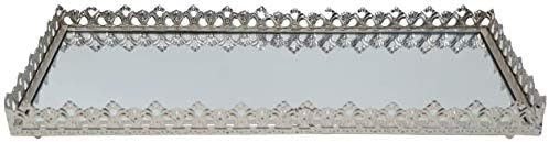 Vassoio Rettangolare Decorativo in Metallo e Vetro Specchio, 15x37x4,5 cm, Argento Elegante – Ideale per Casa, Tavolo o Bagno
