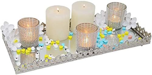 Vassoio Rettangolare Decorativo in Metallo e Vetro Specchio, 15x37x4,5 cm, Argento Elegante – Ideale per Casa, Tavolo o Bagno
