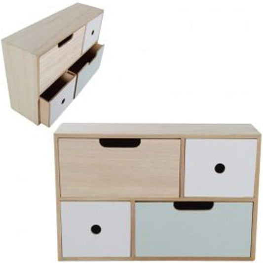 Mini Comò in Legno Bianco Naturale e Menta – 4 Cassetti, 40,5x26,5x11,5 cm – Mobiletto Salvaspazio Decorativo