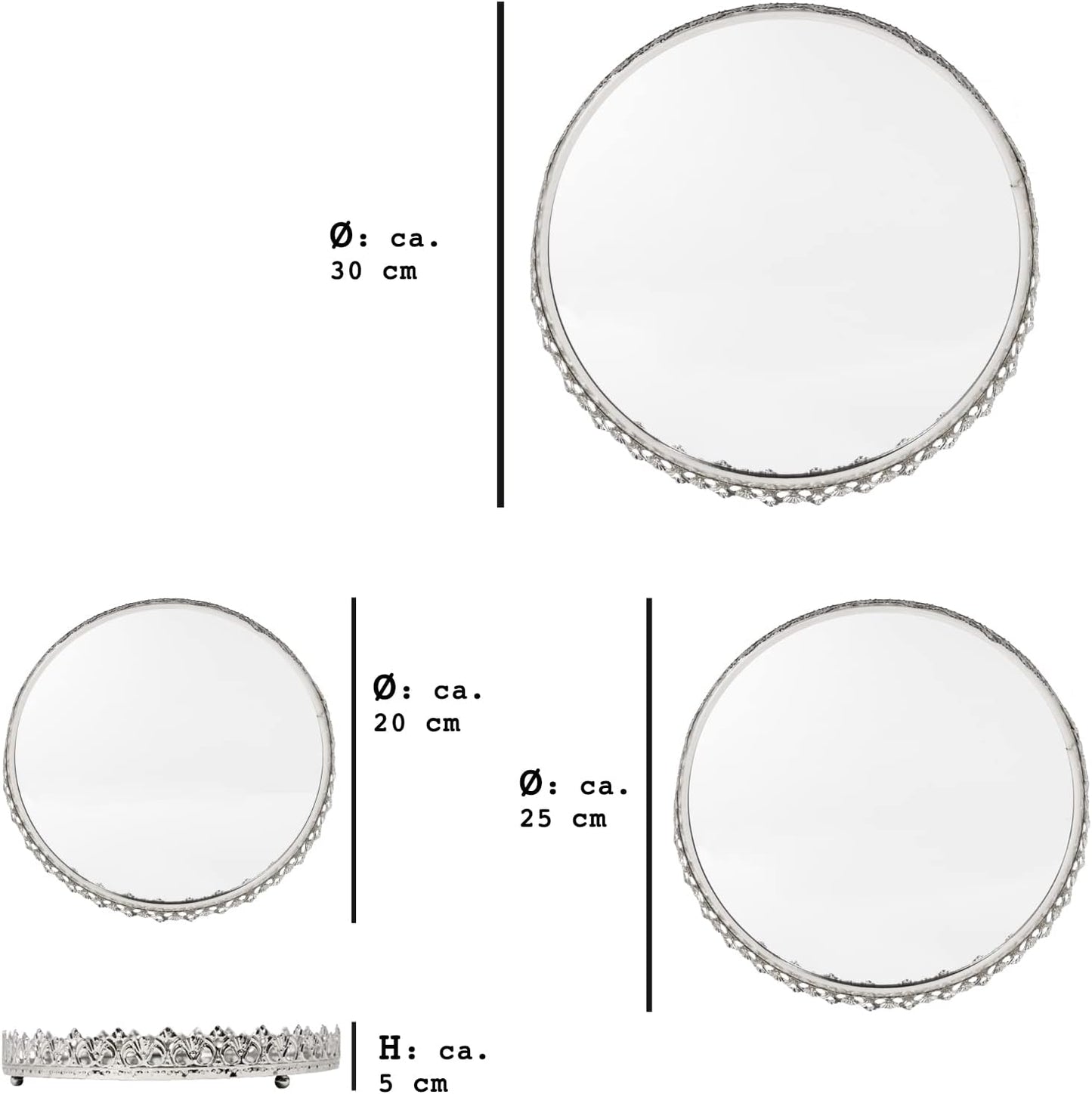 3 Set Vassoi Decorativi Colore  Argento  con Superficie a Specchio Vassoi a Specchio Decorativi in Metallo e Vetro
