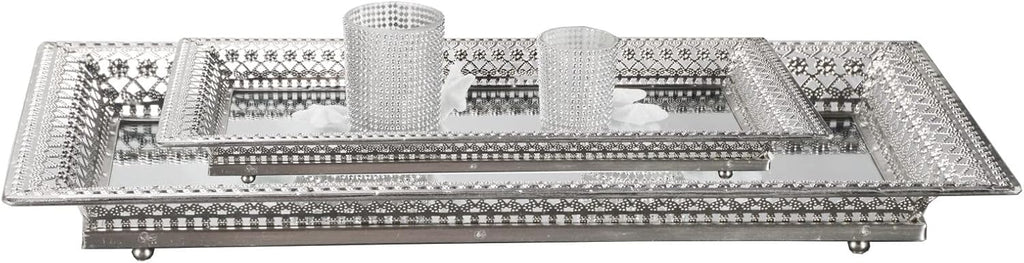 2 Set Vassoi Decorativi in Metallo Argento con Specchio – Elegante Organizer per Candele, Cosmetici e Tavolini da Caffè – Stile Romantico