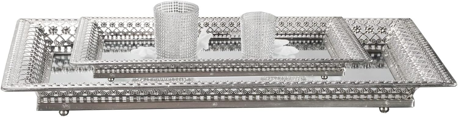 2 Set Vassoi Decorativi in Metallo Argento con Specchio – Elegante Organizer per Candele, Cosmetici e Tavolini da Caffè – Stile Romantico