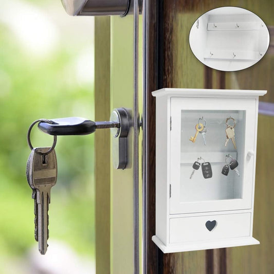 Armadietto Portachiavi in Legno con Cuore  Colore Bianco/Naturale con 6 Ganci