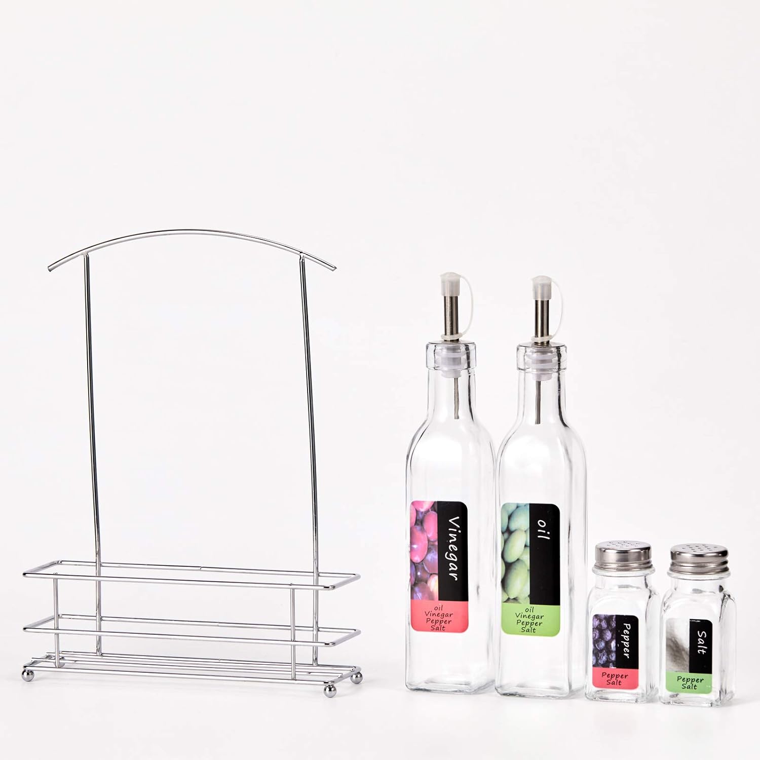 Set Menage 4 Pezzic Oliera, Acetiera, Sale e Pepe - Dispenser da Cucina Elegante per Olio e Aceto