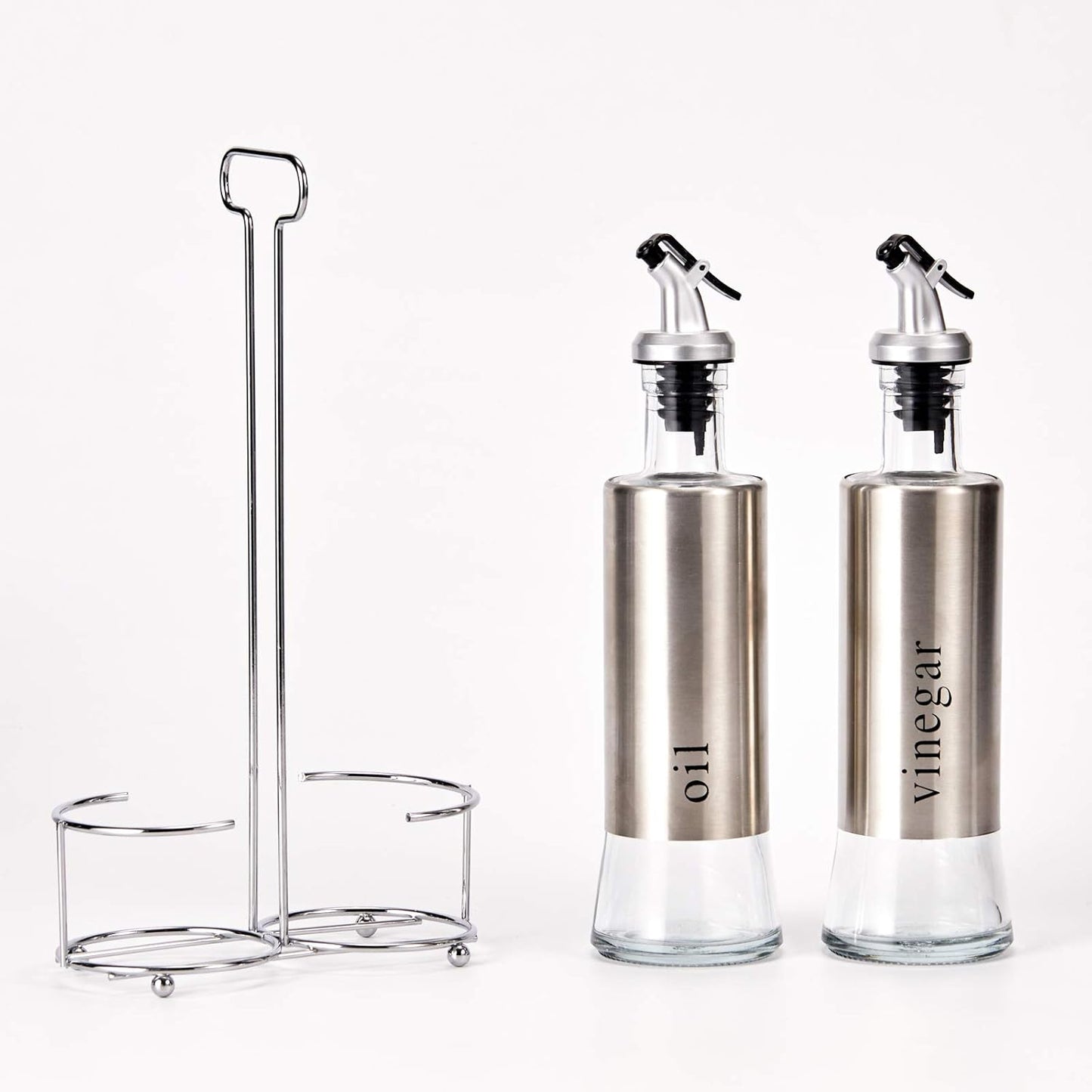 Set Olio e Aceto da Tavola 2 Pezzi con Supporto in Metallo e Bottiglie in Vetro – Elegante Accessorio per Cucina e Sala da Pranzo