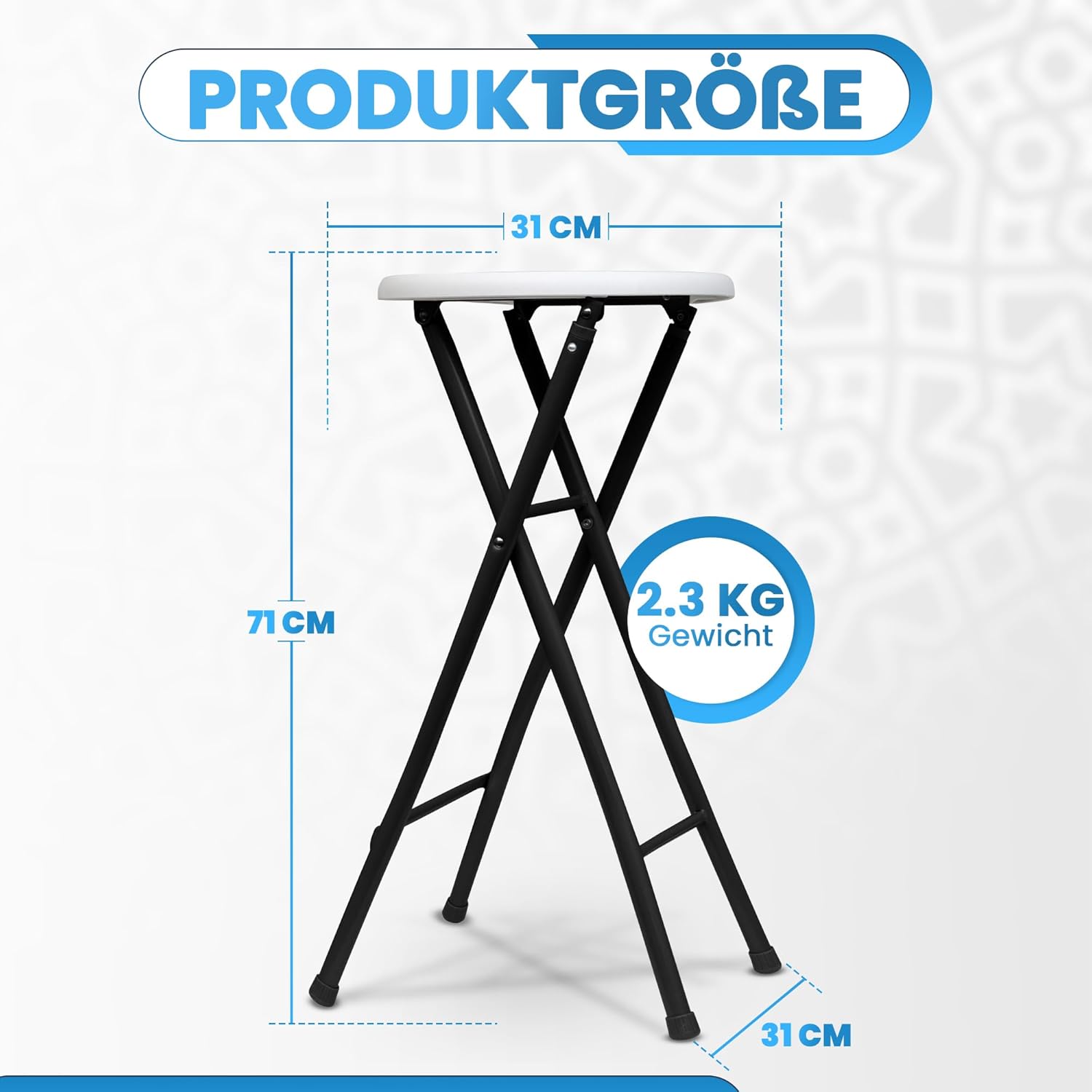 Sgabello da Bar Pieghevole 70 cm in Metallo e Plastica – Portata 100 kg, Nero/Bianco, Design Salvaspazio per Cucina e Eventi