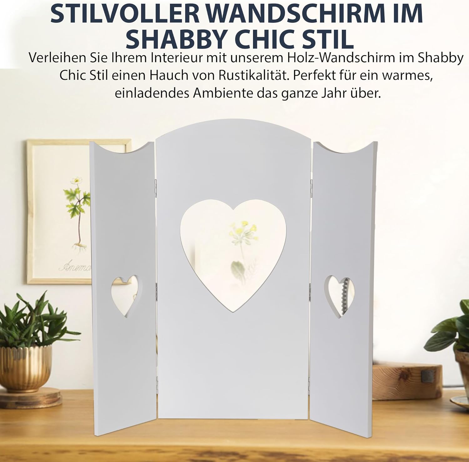 Decorazione Finestra Shabby Chic a Forma di Cuore – Supporto Persiana in Legno Bianco – 60x58,5 cm – Stile Country Romantico