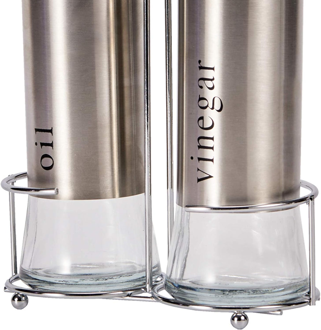 Set Olio e Aceto da Tavola 2 Pezzi con Supporto in Metallo e Bottiglie in Vetro – Elegante Accessorio per Cucina e Sala da Pranzo