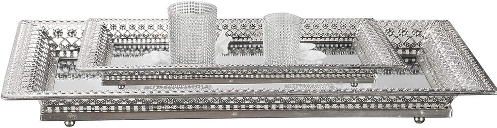 2 Set Vassoi Decorativi in Metallo Argento con Specchio – Elegante Organizer per Candele, Cosmetici e Tavolini da Caffè – Stile Romantico