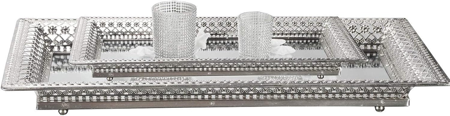 2 Set Vassoi Decorativi in Metallo Argento con Specchio – Elegante Organizer per Candele, Cosmetici e Tavolini da Caffè – Stile Romantico