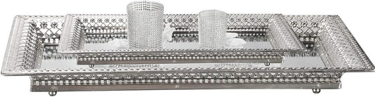 2 Set Vassoi Decorativi in Metallo Argento con Specchio – Elegante Organizer per Candele, Cosmetici e Tavolini da Caffè – Stile Romantico