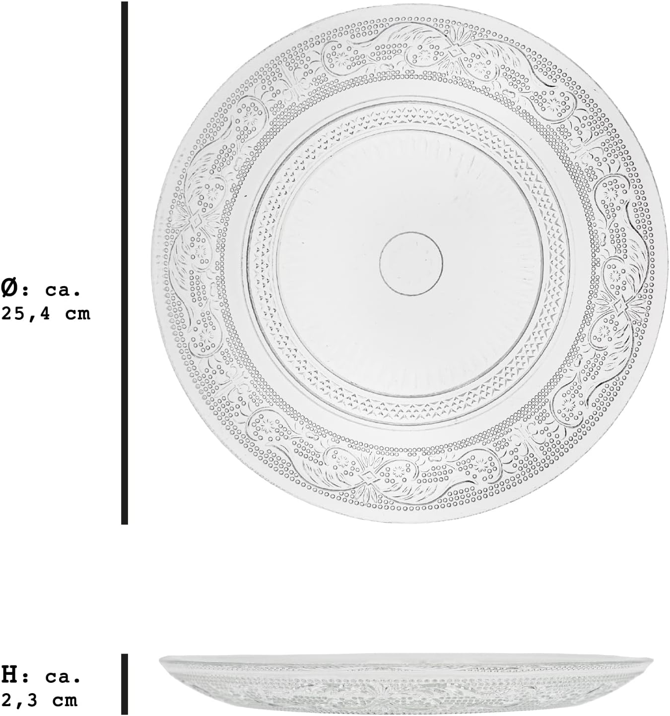 Set 6 Piatti in Vetro Trasparente - 3 Formati (18cm, 25cm, 33cm) - Eleganti Piatti da Portata, Dolci e insalata ecc.