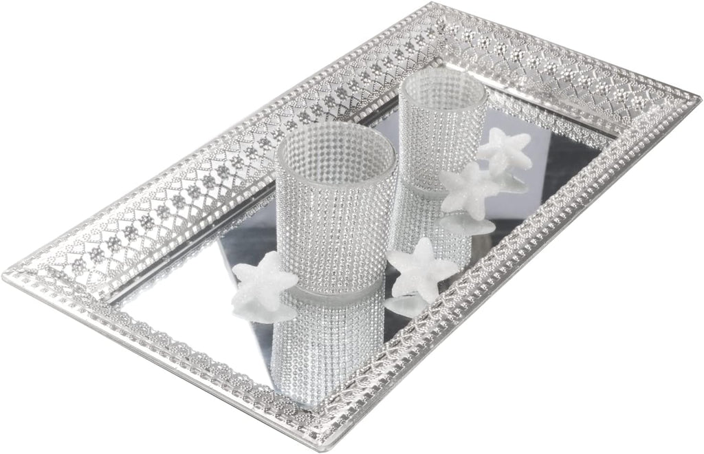 2 Set Vassoi Decorativi in Metallo Argento con Specchio – Elegante Organizer per Candele, Cosmetici e Tavolini da Caffè – Stile Romantico