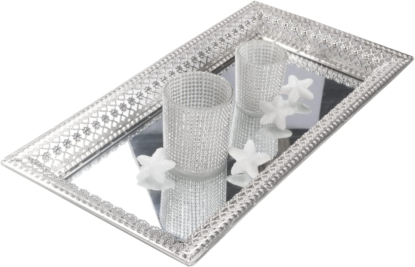 2 Set Vassoi Decorativi in Metallo Argento con Specchio – Elegante Organizer per Candele, Cosmetici e Tavolini da Caffè – Stile Romantico