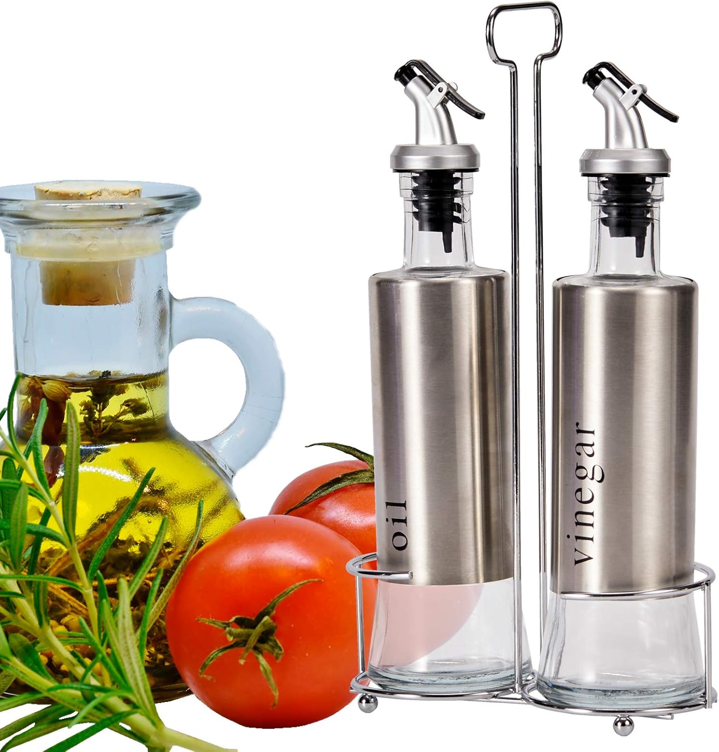 Set Olio e Aceto da Tavola 2 Pezzi con Supporto in Metallo e Bottiglie in Vetro – Elegante Accessorio per Cucina e Sala da Pranzo