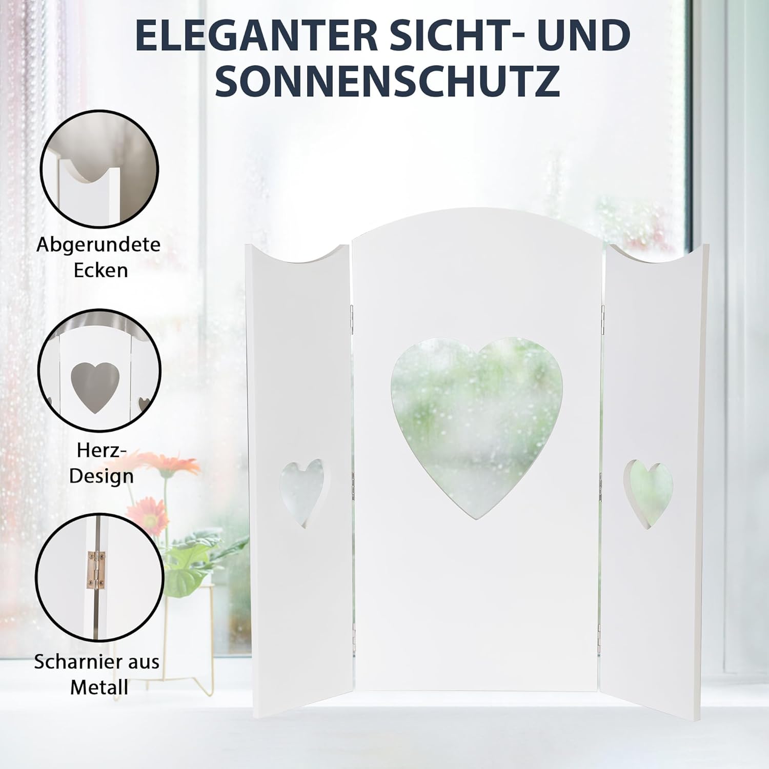 Decorazione Finestra Shabby Chic a Forma di Cuore – Supporto Persiana in Legno Bianco – 60x58,5 cm – Stile Country Romantico