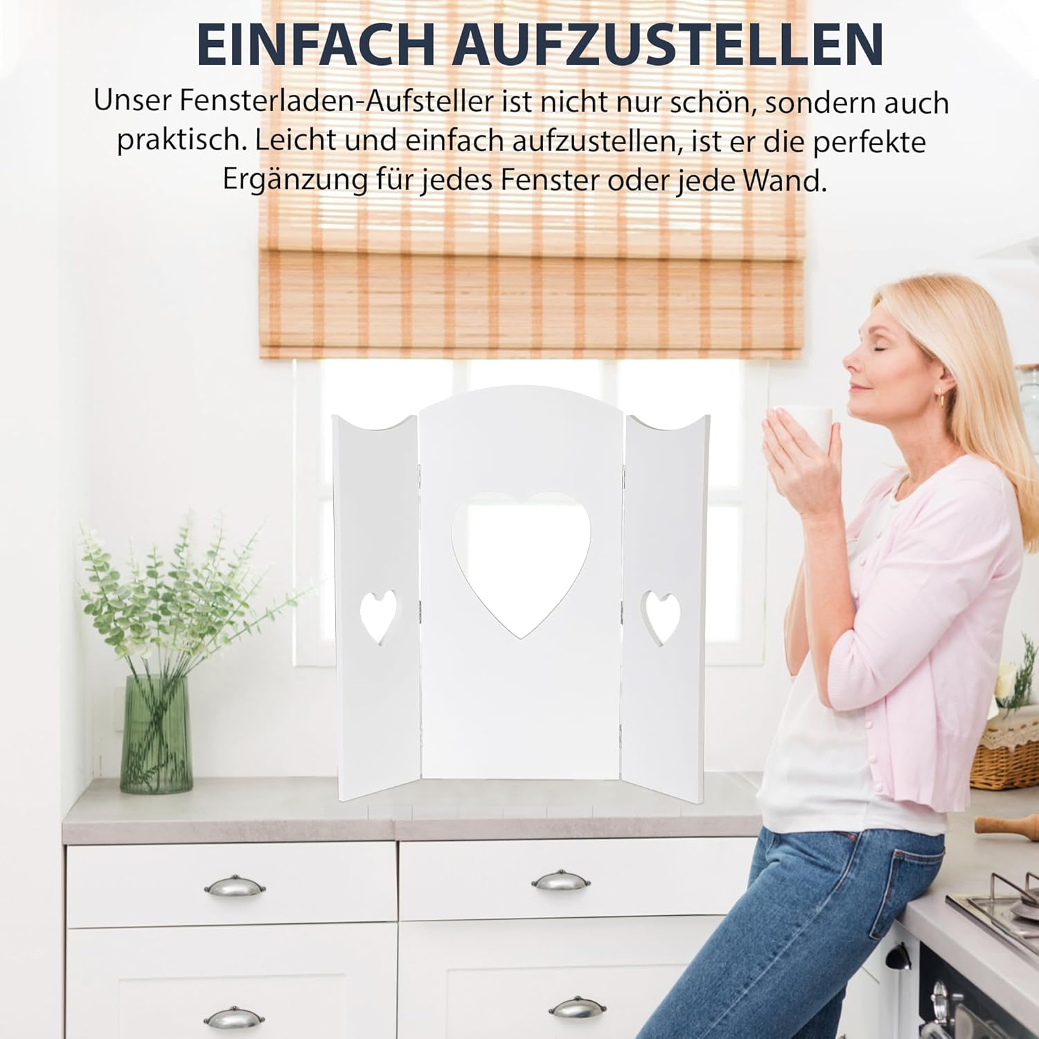 Decorazione Finestra Shabby Chic a Forma di Cuore – Supporto Persiana in Legno Bianco – 60x58,5 cm – Stile Country Romantico