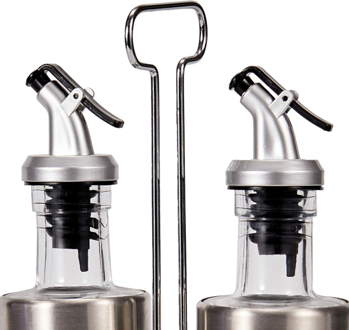 Set Olio e Aceto da Tavola 2 Pezzi con Supporto in Metallo e Bottiglie in Vetro – Elegante Accessorio per Cucina e Sala da Pranzo