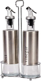 Set Olio e Aceto da Tavola 2 Pezzi con Supporto in Metallo e Bottiglie in Vetro – Elegante Accessorio per Cucina e Sala da Pranzo