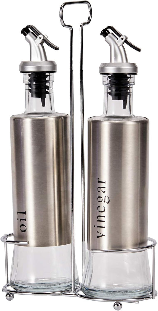Set Olio e Aceto da Tavola 2 Pezzi con Supporto in Metallo e Bottiglie in Vetro – Elegante Accessorio per Cucina e Sala da Pranzo