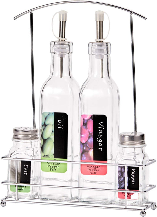 Set Menage 4 Pezzic Oliera, Acetiera, Sale e Pepe - Dispenser da Cucina Elegante per Olio e Aceto