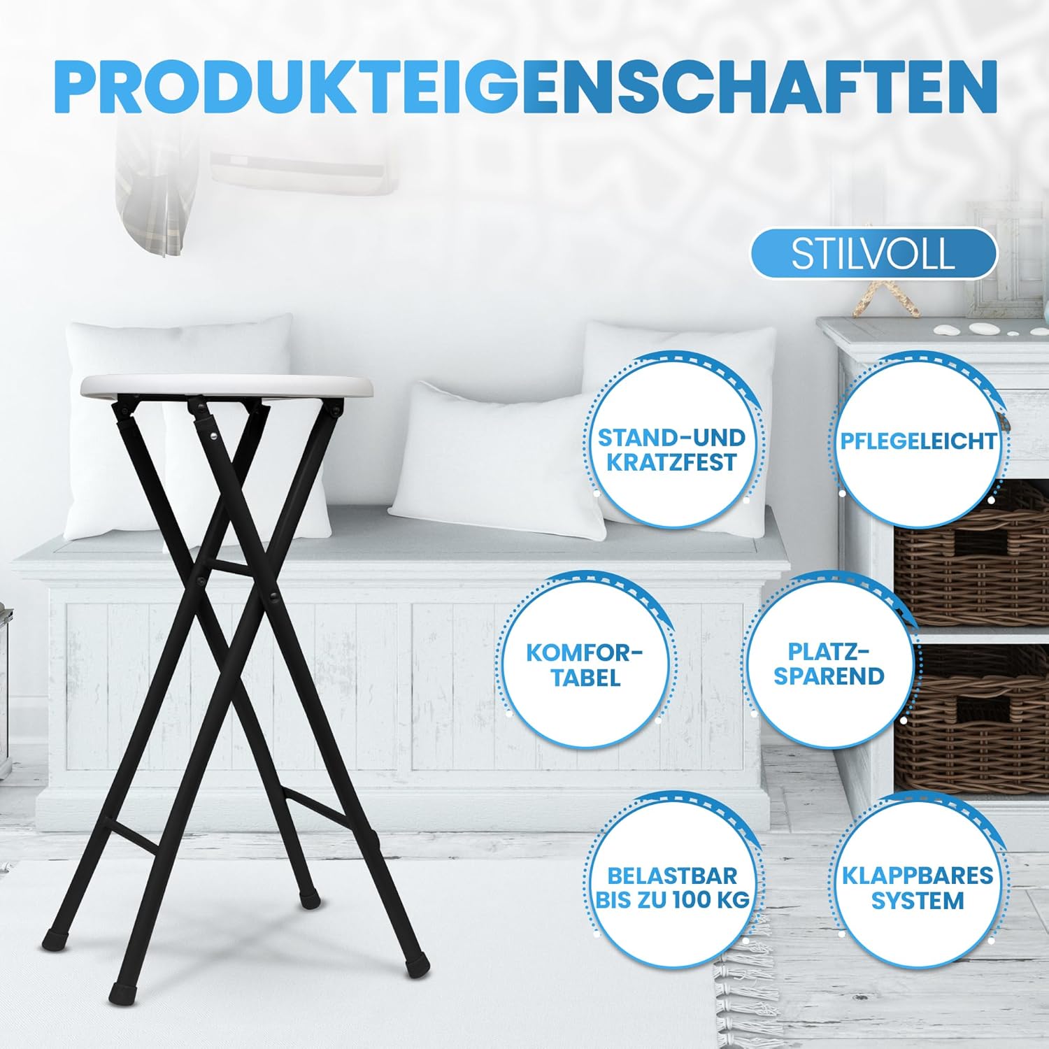 Sgabello da Bar Pieghevole 70 cm in Metallo e Plastica – Portata 100 kg, Nero/Bianco, Design Salvaspazio per Cucina e Eventi