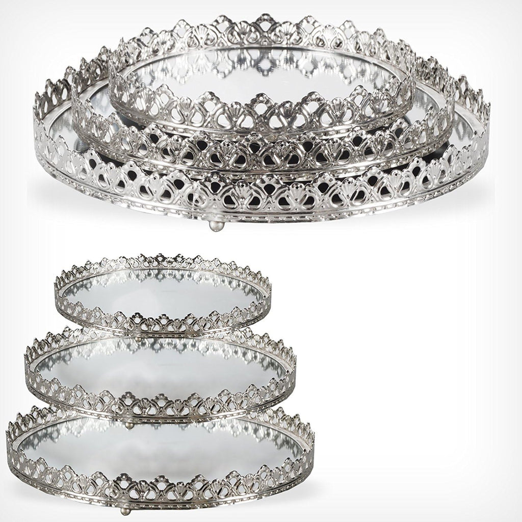 3 Set Vassoi Decorativi Colore  Argento  con Superficie a Specchio Vassoi a Specchio Decorativi in Metallo e Vetro