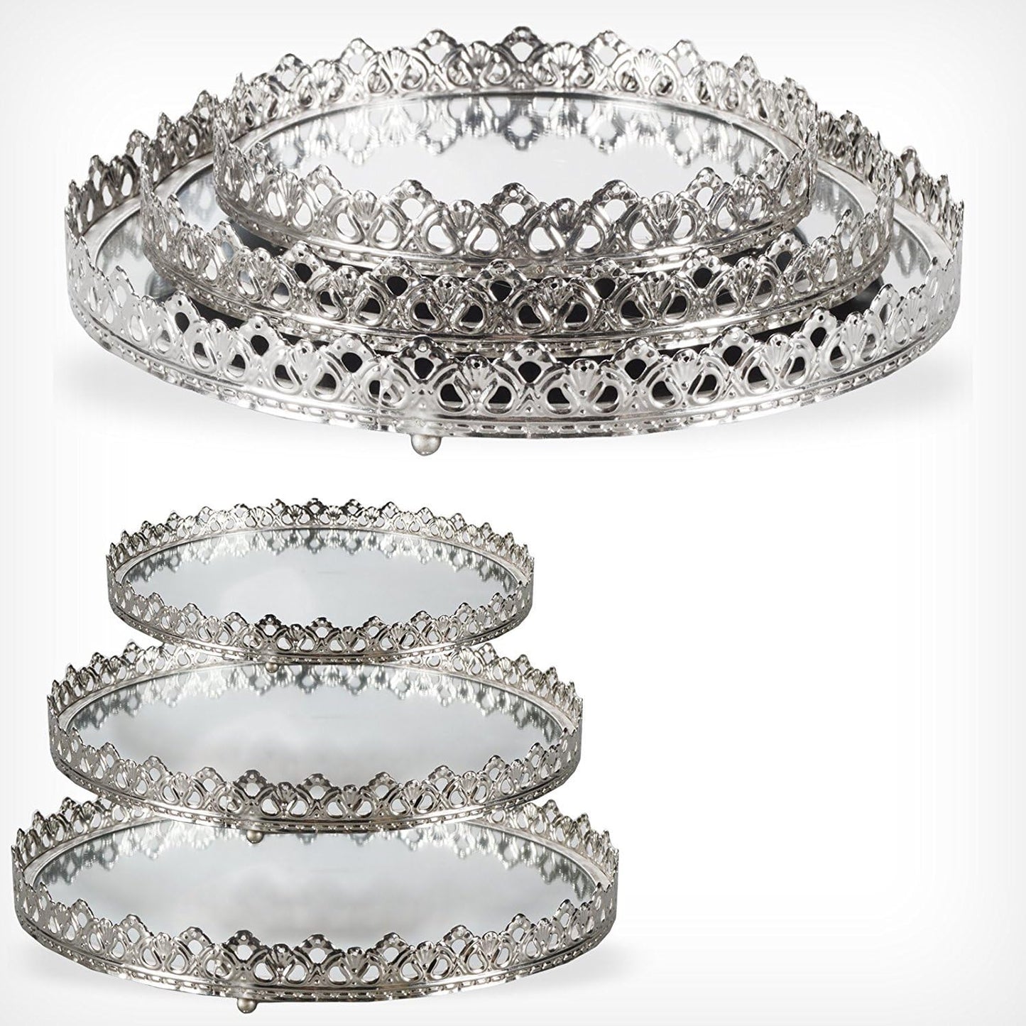 3 Set Vassoi Decorativi Colore  Argento  con Superficie a Specchio Vassoi a Specchio Decorativi in Metallo e Vetro