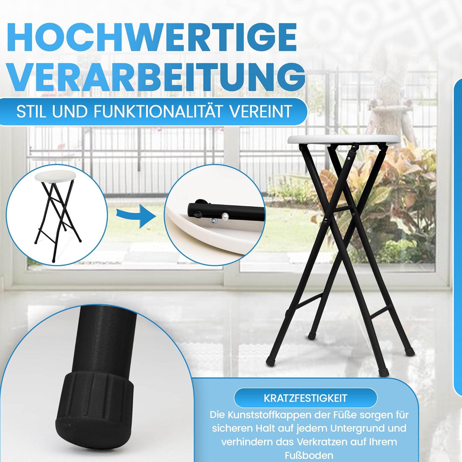 Sgabello da Bar Pieghevole 70 cm in Metallo e Plastica – Portata 100 kg, Nero/Bianco, Design Salvaspazio per Cucina e Eventi