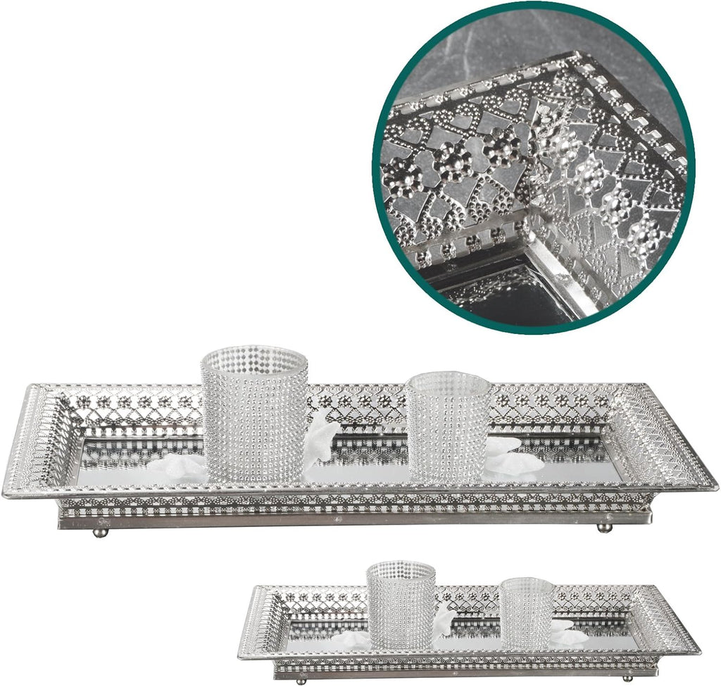 2 Set Vassoi Decorativi in Metallo Argento con Specchio – Elegante Organizer per Candele, Cosmetici e Tavolini da Caffè – Stile Romantico