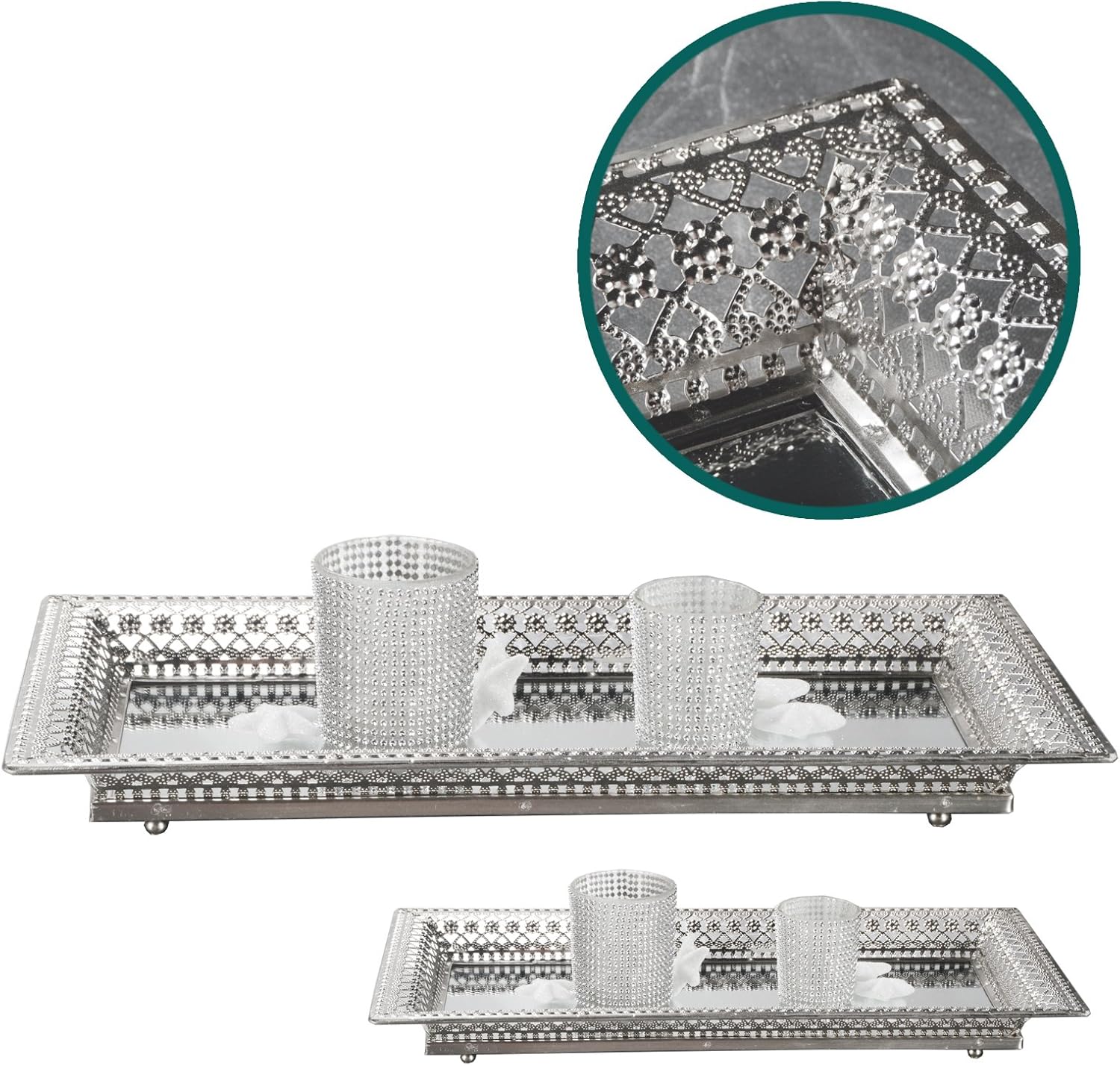 2 Set Vassoi Decorativi in Metallo Argento con Specchio – Elegante Organizer per Candele, Cosmetici e Tavolini da Caffè – Stile Romantico