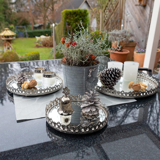 3 Set Vassoi Decorativi Colore  Argento  con Superficie a Specchio Vassoi a Specchio Decorativi in Metallo e Vetro