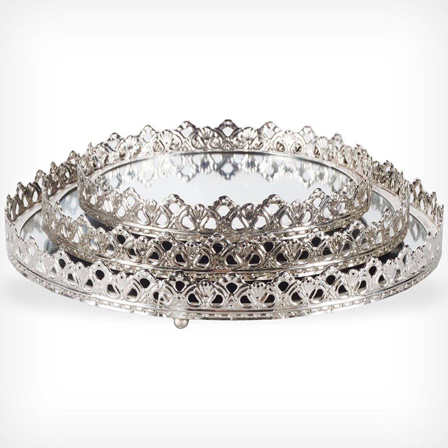 3 Set Vassoi Decorativi Colore  Argento  con Superficie a Specchio Vassoi a Specchio Decorativi in Metallo e Vetro